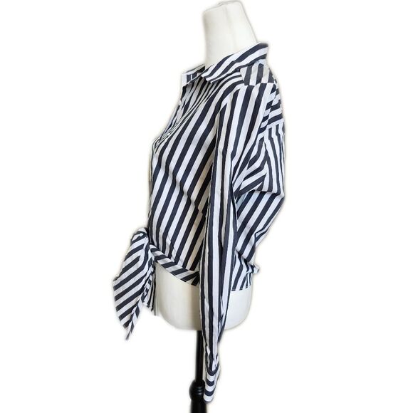 Alex Marie NWT charcoal gray & white striped button down blouse w/ tie waist M - Picture 3 of 10